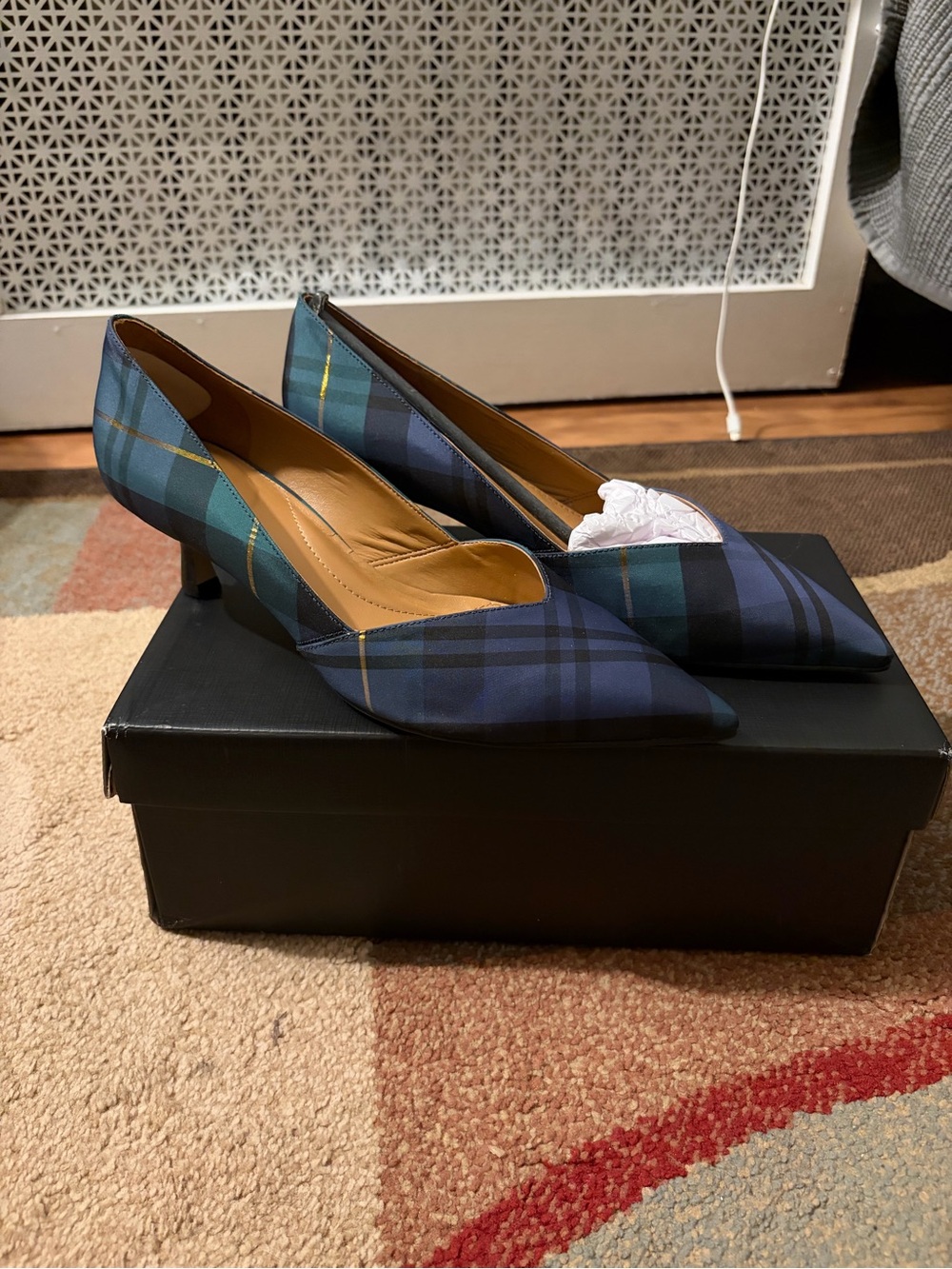 Talbots Plaid Pointed-Toe Kitten Heel Pumps - Navy & Green